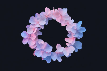 A stunning floral wreath composed of soft pastel flowers is artfully arranged against a sleek black backdrop.の素材