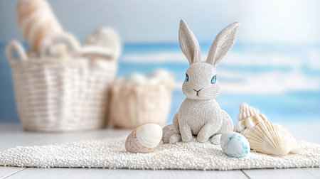 A delightful Easter bunny figurine rests on a textured mat surrounded by seashells, evoking the coastal style charm ideal for beach house decor during the Easter celebration.の素材
