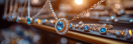 Display of stunning sapphire and diamond jewelry arranged beautifully showcases necklaces, rings, and earrings under soft lighting, creating an inviting atmosphere for customers in a jewelry store.の素材