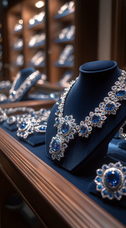 Sapphire and diamond jewelry showcased elegantly on dark displays captures the light, highlighting exquisite craftsmanship and unique designs.の素材