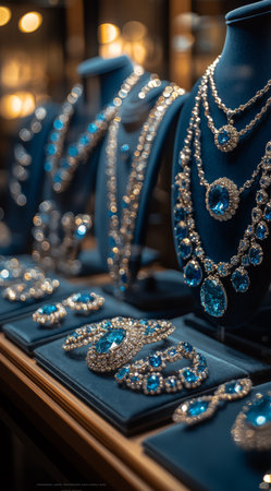 Glistening sapphire and diamond jewelry pieces arranged artfully on soft blue displays in a high end shop.の素材