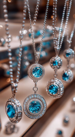 Jewelry store shelf showcases a breathtaking array of sapphire and diamond pieces. Bespoke necklaces with intricate designs invite admiration from potential customers seeking elegance and beauty.の素材