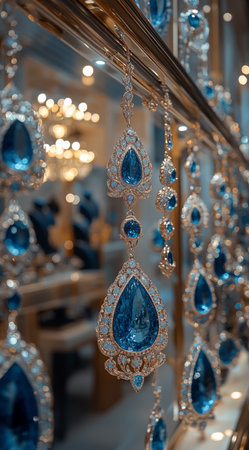 Jewelry store features an exquisite display of sapphire and diamond earrings, sparkling under soft lighting and highlighting intricate designs, perfect for special moments or daily elegance.の素材