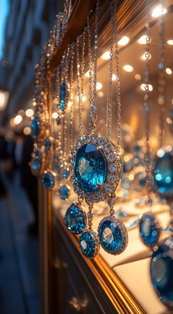 Jewelry store features a beautifully arranged display of sapphire and diamond necklaces, sparkling under warm lighting, capturing attention of potential customers and showcasing fine craftsmanship.の素材
