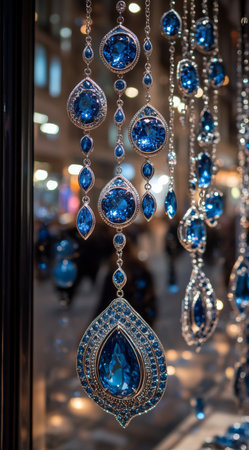 Exquisite assortment of sapphire and diamond jewelry elegantly arranged in a showcase of a jewelry shop, illuminated by soft lights to attract customers in vibrant shopping area at nightの素材