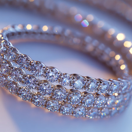 Beautiful diamond bracelets glisten under soft lighting, creating a luxurious ambiance. Each bracelet features perfectly arranged stones that reflect light, enhancing their appeal and charm.の素材