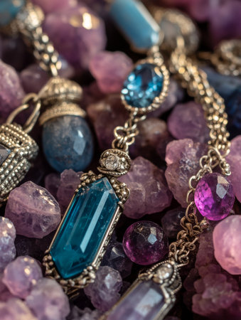 Exquisite gold gemstone jewelry showcases rich hues of blue, purple, and clear stones. The intricate designs reveal craftsmanship, resting atop glimmering crystal quartz clusters.の素材