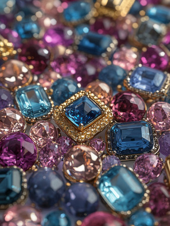 Glistening assortment of luxurious gold gemstone jewelry displays a variety of sparkling stones in multiple shades.の素材