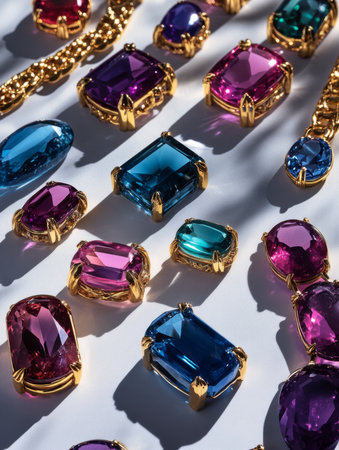 Exquisite gold gemstone jewelry collection featuring an array of sparkling gemstones in shades of purple and blue. Each piece radiates elegance, showcasing unique design.の素材