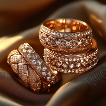 Three exquisite jewelry rings featuring radiant diamonds are beautifully arranged on a luxurious satin backdrop.の素材