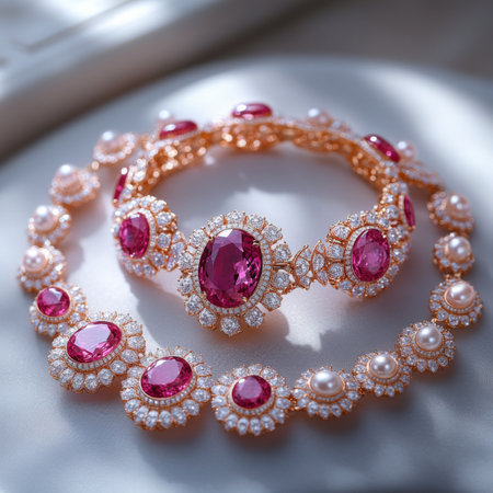 This stunning jewelry collection features rubies adorned with diamonds and pearls, radiating beauty and elegance, perfect for special occasions that truly captivate.の素材