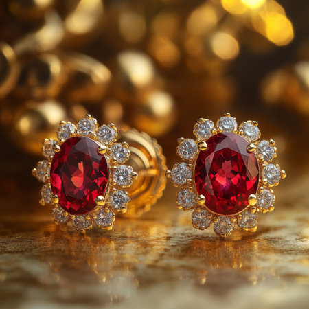 Beautiful earrings featuring stunning rubies set in a luxurious gold design. Each piece exhibits exceptional craftsmanship, ideal for enhancing any outfit during celebrations or gatherings.の素材