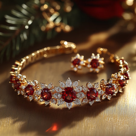 Stunning jewelry set showcasing brilliant rubies and diamonds, beautifully crafted into a bracelet and matching earrings. Perfect for enhancing elegance during formal gatherings and celebrations.の素材
