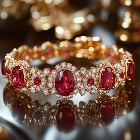 Stunning ruby jewelry piece adorned with brilliant diamonds and crafted in gold, showcasing intricate patterns and striking elegance suitable for formal events, celebrations, and timeless elegance.の素材