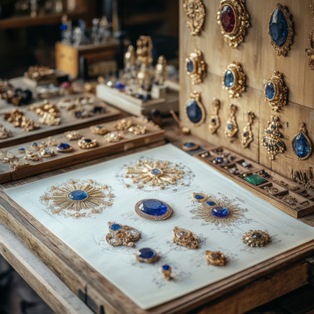 In a jewelry workshop, skilled artisans create beautiful pieces of jewelry using gold and blue gemstones.の素材