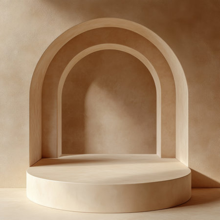 Podium stands prominently in front of a soft beige backdrop, offering perfect setting for showcasing products or hosting events. Ideal for minimalist themes, its clean lines enhance visual appeal.の素材