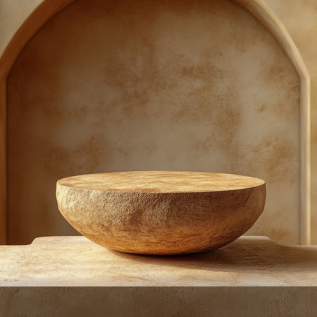 Podium stands prominently against a smooth beige backdrop, accentuating its organic texture and form. Ideal for display of decorative items, awards, or art pieces, enhancing interior aesthetics.の素材