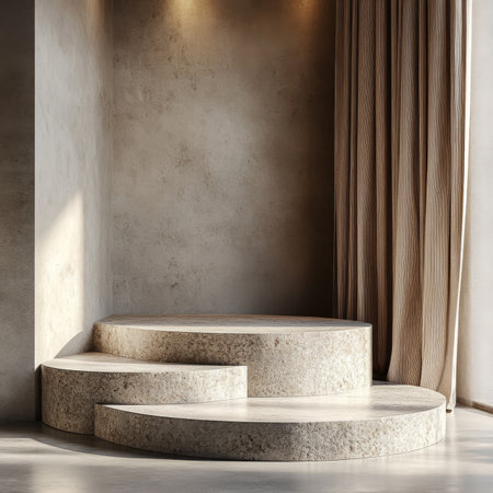 Sophisticated podium design with smooth curves and layered textures provides an ideal stage for events.の素材