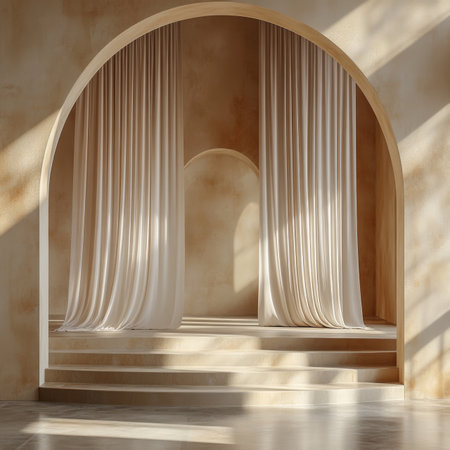 Podium stands elegantly with draped curtains, inspiring creative presentations or performances in a calming minimalist environment. Natural light enhances soft textures and shadows.の素材