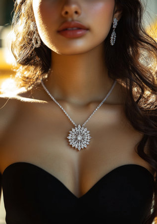 Woman presents elegant necklace adorned with intricate details, complemented by matching earrings, capturing attention in stylish atmosphere full of glamour and charm.の素材