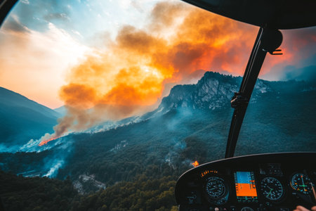 Helicopter cockpit perspective captures dramatic view of wildfires engulfing forested hills, showcasing thick plumes of smoke and flames as first responders assess situation.の素材
