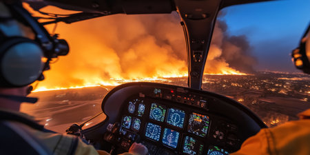 Person inside helicopter cockpit oversees raging wildfire consuming terrain at dusk.の素材