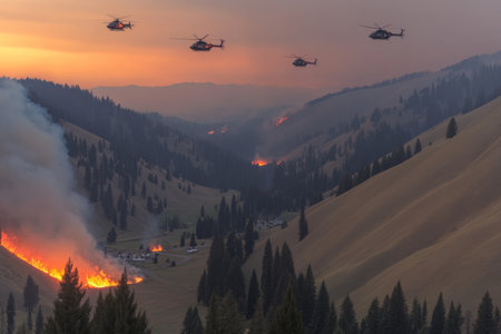 Firefighting helicopters are actively engaged in extinguishing a wildfire in a mountainous area at sunset.の素材