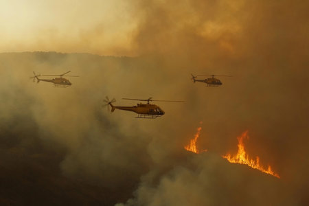 Firefighting helicopters engage in urgent operations to contain raging wildfire in a remote area, utilizing water drops to suppress flames.の素材