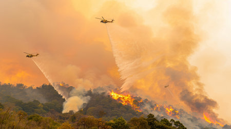 Firefighting helicopters hover above the wildfire, delivering water to extinguish flames engulfing forested hills.の素材