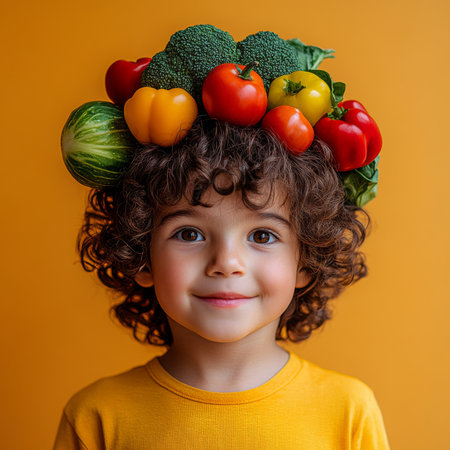 A cheerful boy with curly hair wears a fun hat made of colorful fresh vegetables, promoting healthy eating for kids. The vibrant backdrop highlights the importance of nutritious food.の素材
