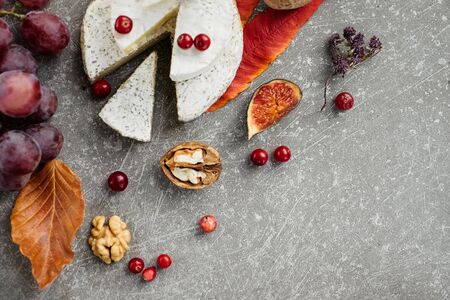 Cheese selection on concrete grey background. Cheese platter with camembert, grapes, nuts. Top view in autumn, copy spaceの写真素材