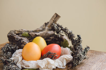 Decorated easter eggs with natural elements in nest (wood, moss). Colorful egg collection in spring....