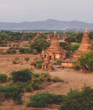 Bagan, Myanmar: May, 18, 2016. Pagodas and temples of Bagan in Myanmar, formerly Burma world heritage site. Temple on sunset close-upのeditorial素材