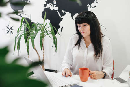 Happy businesswoman travel agent using laptop for communication and work on-line in modern environment with plants, booking flight. Travel agency arranging tour all over the worldの写真素材