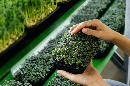 Woman holding box with microgreen, Small business indoor vertical farm. Close-up of healthy...