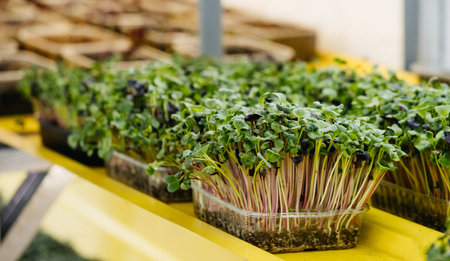 Microgreens growing background with raw sprouts in female hands. Fresh raw herbs from home garden or indoor vertical farm, full of vitamins for vegans. Bannerの写真素材