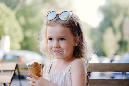 Toddler child eating cone ice cream outside near cafe. Cute blonde Caucasian girl licking frozen...