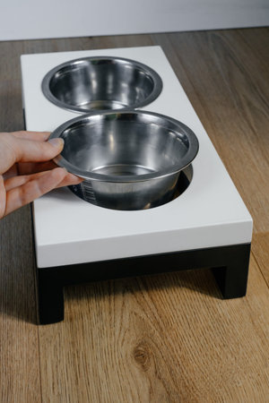 Two pets bowls on wooden stand, cat or dog feeder, food in the stainless dishの写真素材