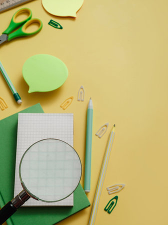 Find idea flat lay in creative, designer work. Office or school getting ready desk, top view with copy space. Learning, education concept with blank notes, pencils, pens, clips, letters, notepadの写真素材
