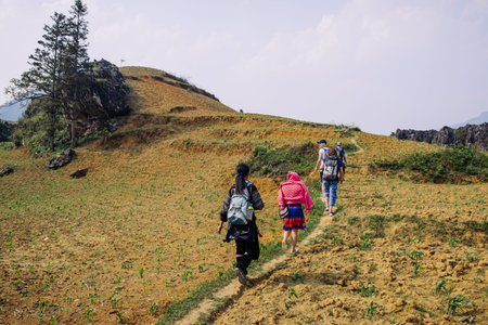 Tourists hiking in the mountains with backpack near rice terraces in Sapa, Vietnam. Reflection of...