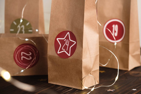 Christmas advent calendar for kids, creative tasks in paper bags for everyday. 24 handmade numbered...