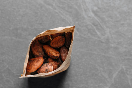 Cacao beans on grey concrete background packed in bag. Raw fermented, organic cocoa seeds for hot chocolate drink. Flat lay, copy space for food recipe. Healthy nibsの写真素材