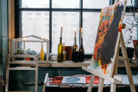 Creative background on canvas, working in real studio with oil paints and brushes, picture of modern art. over the window, candlelight. Workspace of artistの写真素材
