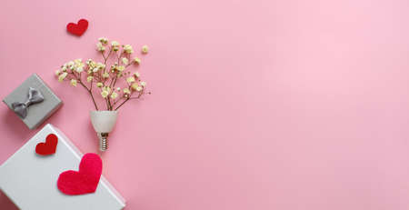 Valentines day gift idea, romantic creative flat lay card with copy space on pink. Small flowers in bulb shape. Little and big boxes, hard shape. Flat lay top viewの写真素材