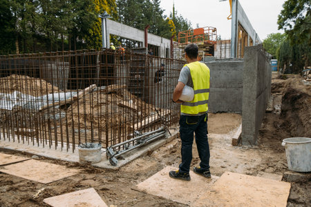 man working with helmet from the back at construction site building private house and reinforced...
