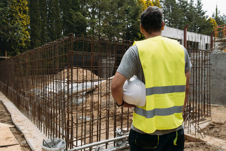 man working with helmet from the back at construction site building private house and reinforced...