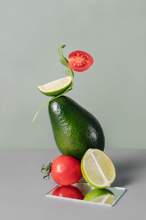 Fresh green vegetables and fruits on table. Floating food balance with tomato, avocado, lime....