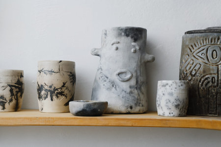 Ceramics with floral and natural patterns on the shelf of the shop. Creative minimalistic handmade...