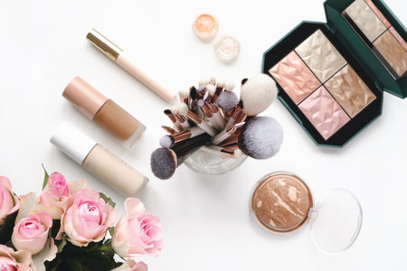 Professional makeup brushes and tools, make-up products set. Decorative cosmetics and makeup brushes on the table, top view on white. Flowers on working spaceの写真素材