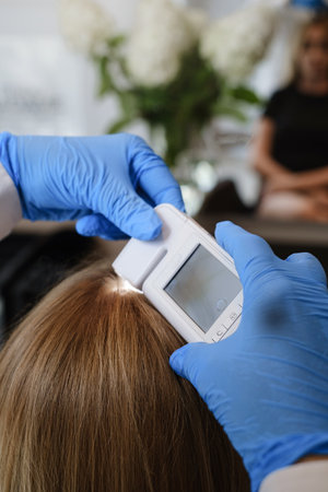 Doctor examines head skin of a young girl with special dermatology equipment system, hairloss and trichology concept Woman Analyzing Hair With Analysis System.の写真素材